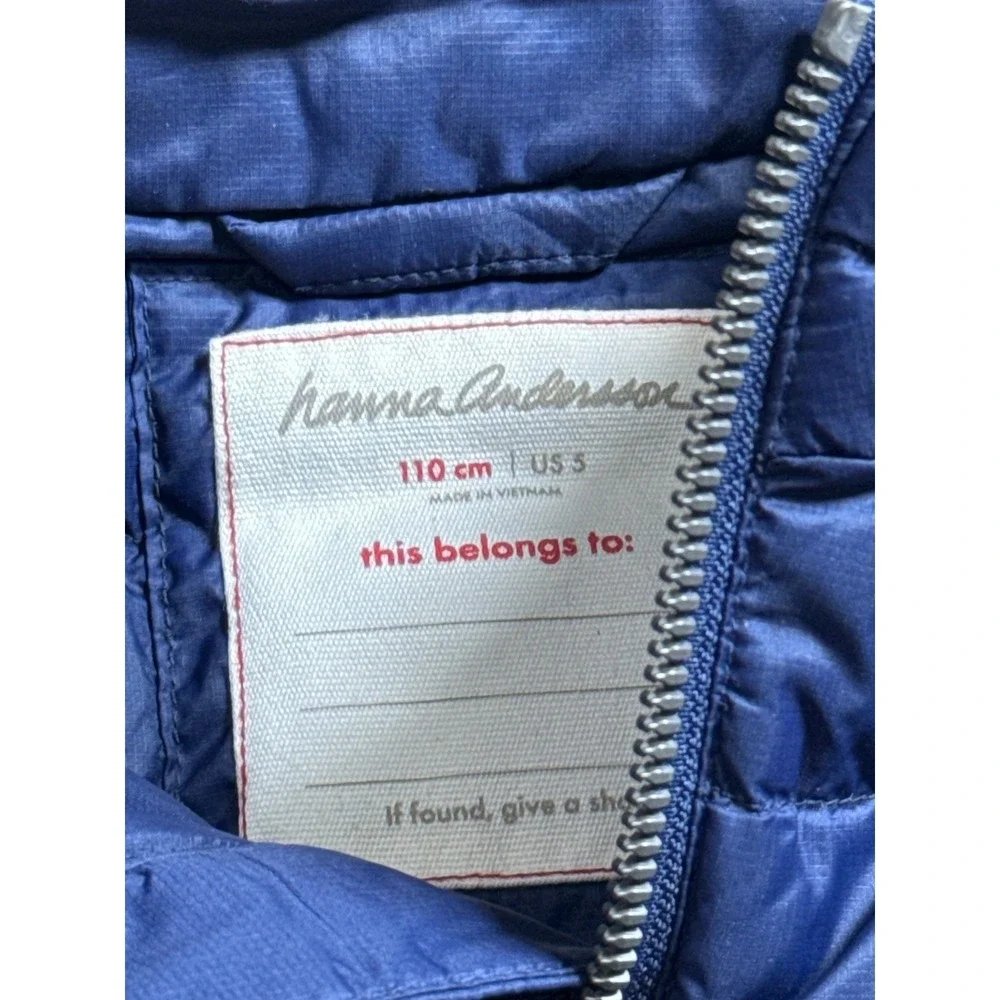 EUC Kids boys girls unisex Hanna Andersson blue puffer vest packs in pocket sz 5